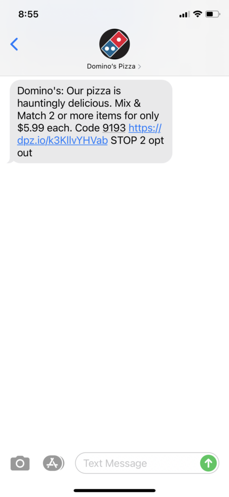Dominos Pizza Text Message Marketing Example - 10.31.2020