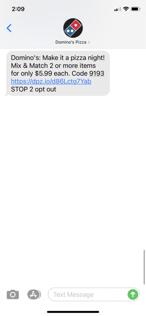 Domino's Pizza Text Message Marketing Example - 11.06.2020