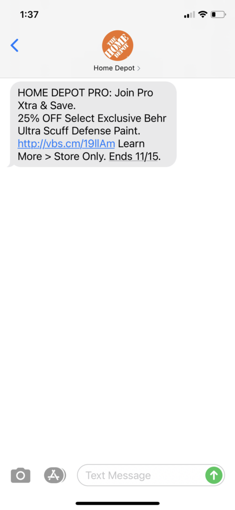 Home Depot Text Message Marketing Example - 11.09.2020