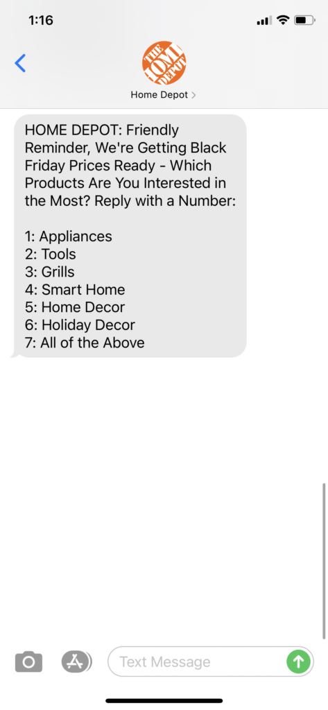Home Depot Text Message Marketing Example - 11.16.2020