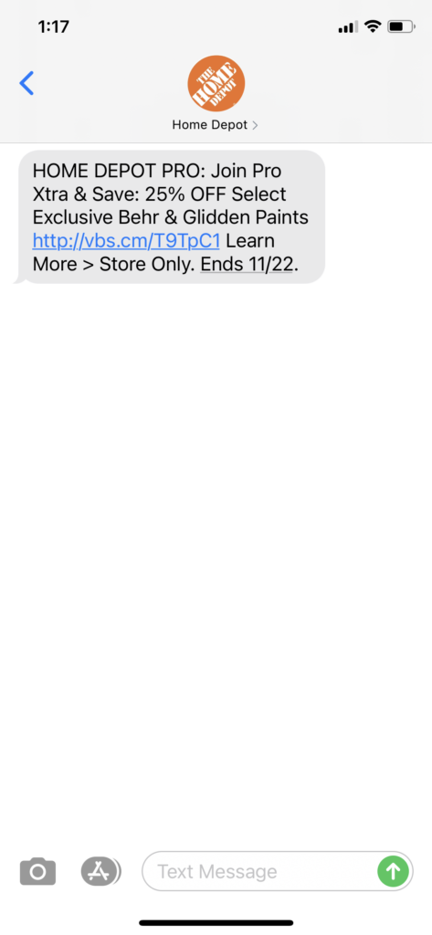 Home Depot Text Message Marketing Example2 - 11.16.2020