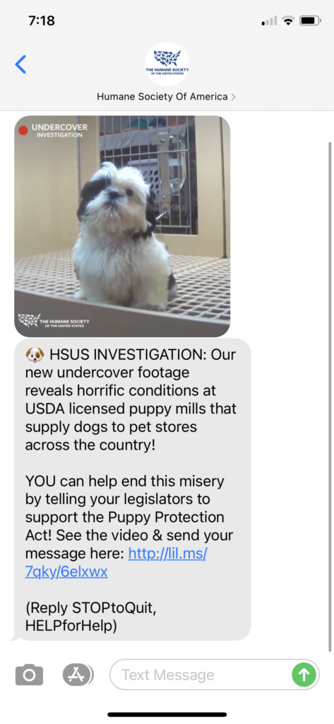 Humane Society of America Text Message Marketing Example - 11.19.2020.PNG