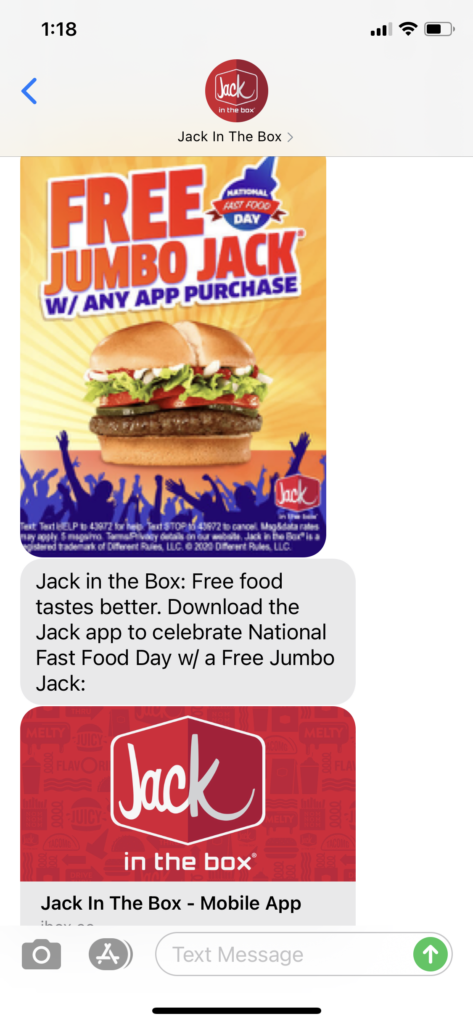 Jack in the Box Text Message Marketing Example - 11.16.2020