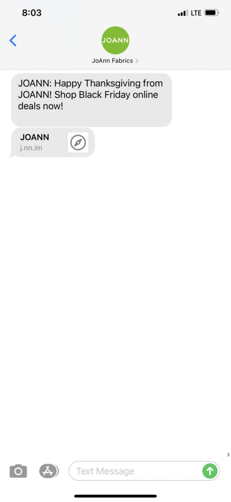 JoAnn Fabrics Text Message Marketing Example - 11.26.2020.PNG