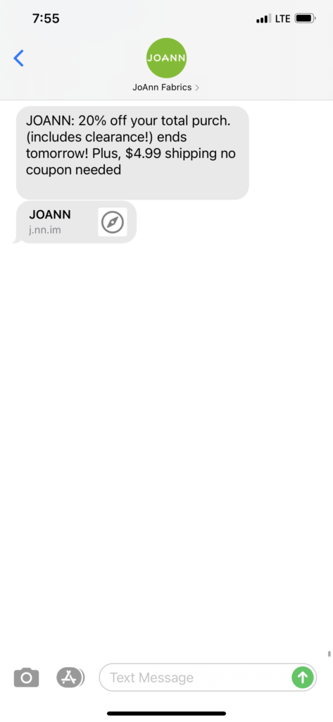JoAnn Fabrics Text Message Marketing Example - 11.28.2020.PNG