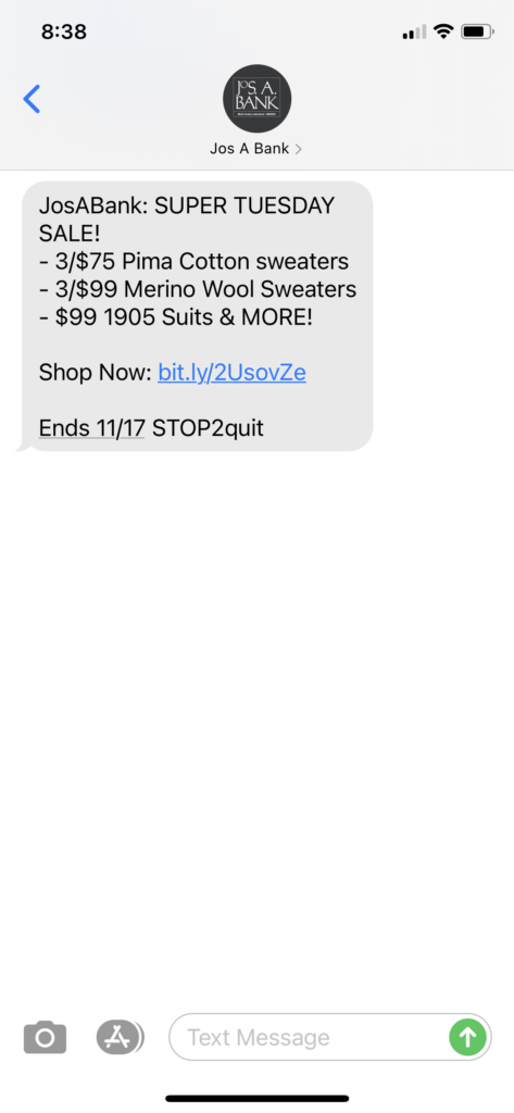 Jos A Bank Text Message Marketing Example - 11.16.2020