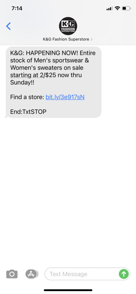 K&G Fashion Superstore Text Message Marketing Example - 10.30.2020