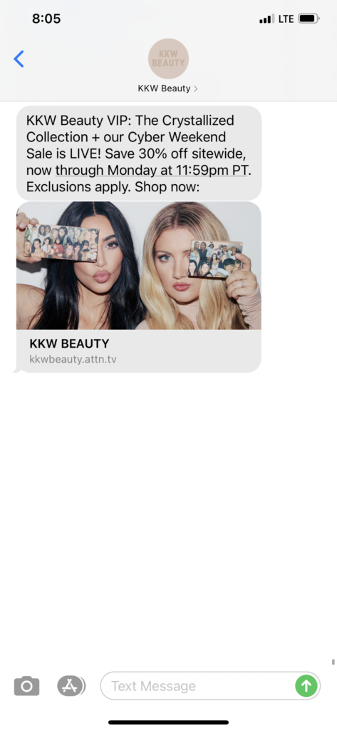 KKW Beauty Text Message Marketing Example - 11.26.2020.PNG