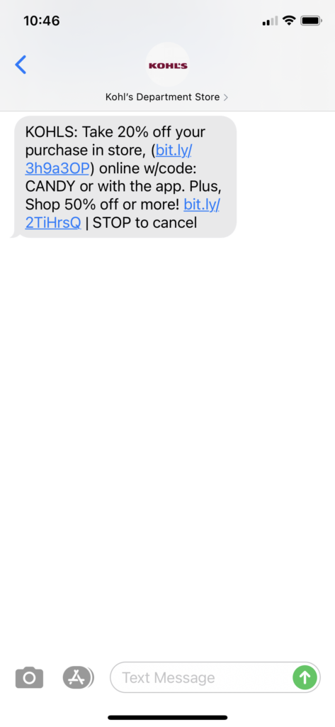 Kohl's Text Message Marketing Example - 10.29.2020