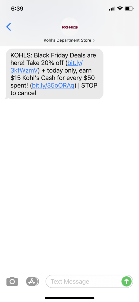 Kohl's Text Message Marketing Example - 11.06.2020