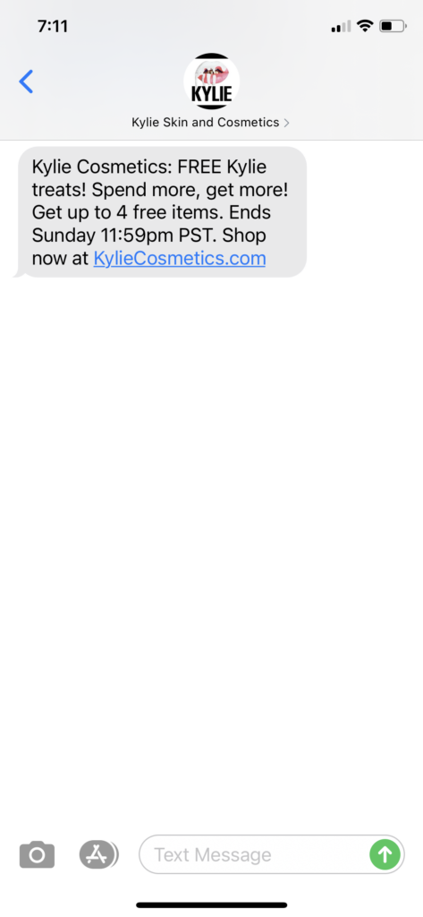 Kylie Skin and Cosmetics Text Message Marketing Example - 10.30.2020