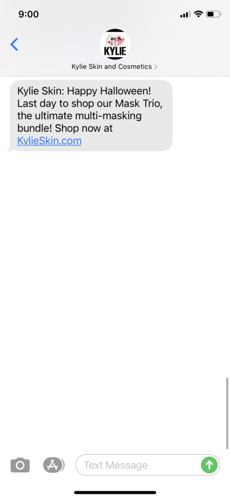 Kylie Skin and Cosmetics Text Message Marketing Example - 10.31.2020