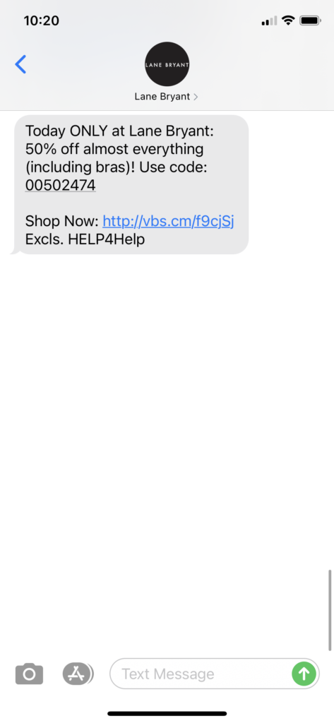 Lane Bryant Text Message Marketing Example - 11.03.2020