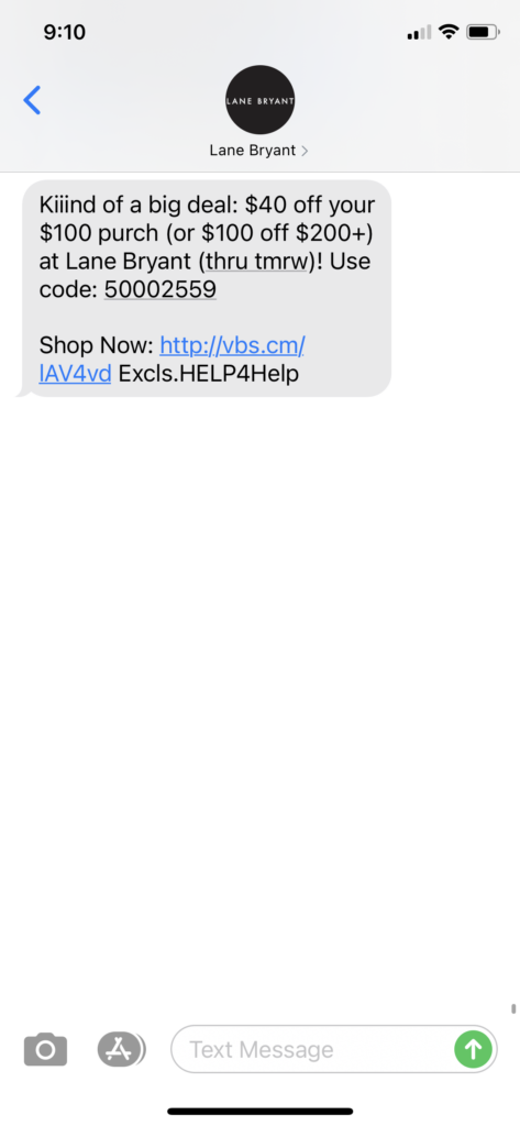 Lane Bryant Text Message Marketing Example - 11.16.2020