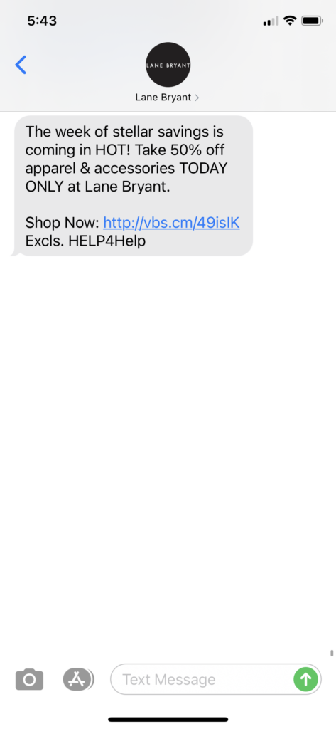 Lane Bryant Text Message Marketing Example - 11.22.2020.PNG