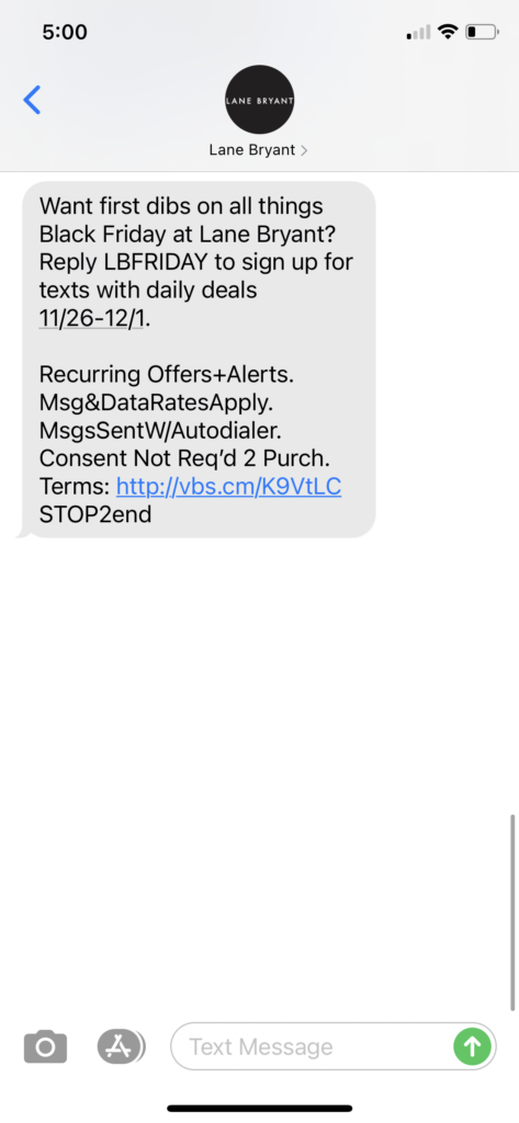 Lane Bryant Text Message Marketing Example - 11.24.2020.PNG