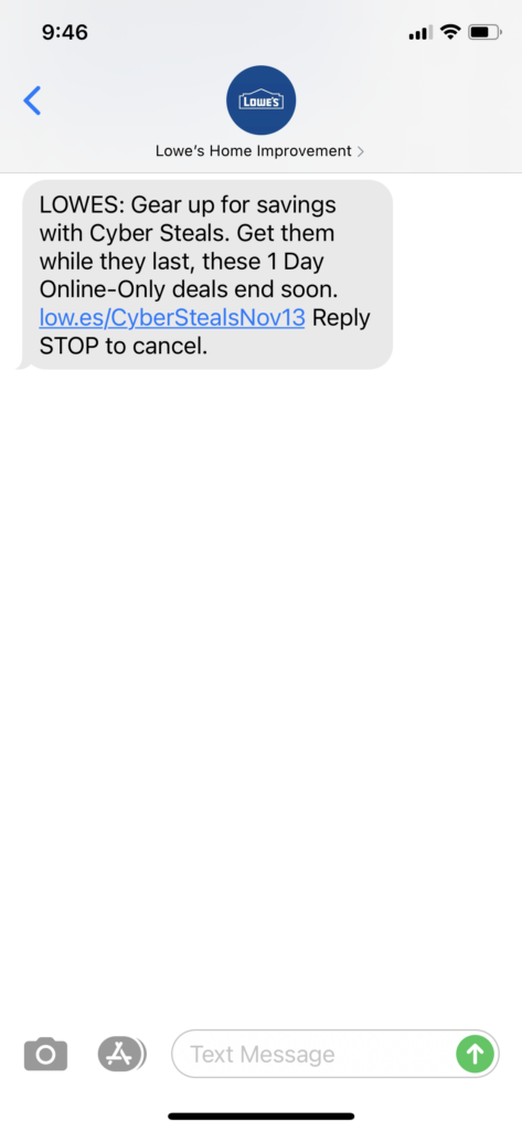 Lowe's Text Message Marketing Example - 11.13.2020