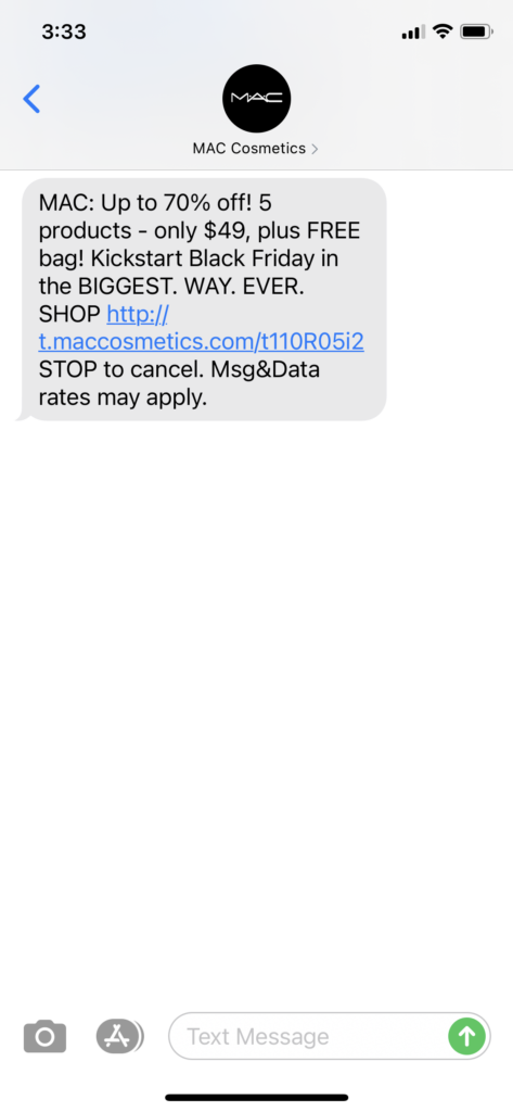 MAC Cosmetics Text Message Marketing Example - 11.26.2020.PNG