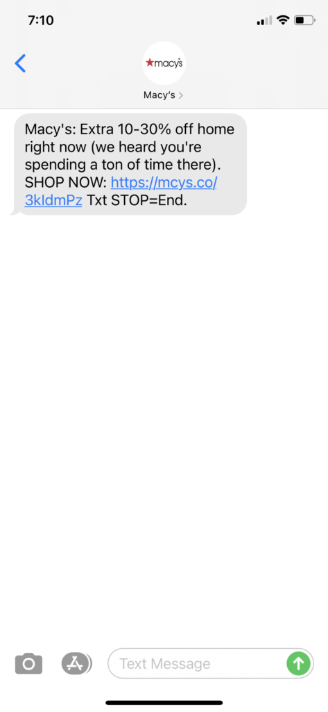 Macy's Text Message Marketing Example - 10.30.2020