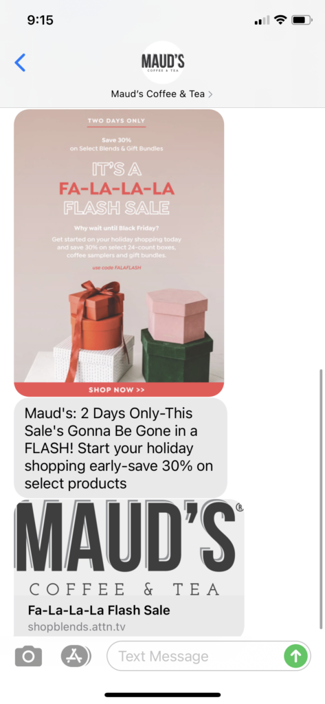 Maud's Coffee and Tea Text Message Marketing Example - 11.16.2020
