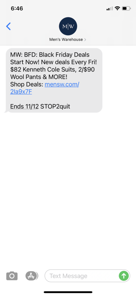 Men's Warehouse Text Message Marketing Example - 11.06.2020