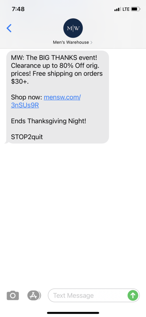 Men's Warehouse Text Message Marketing Example - 11.25.2020.PNG