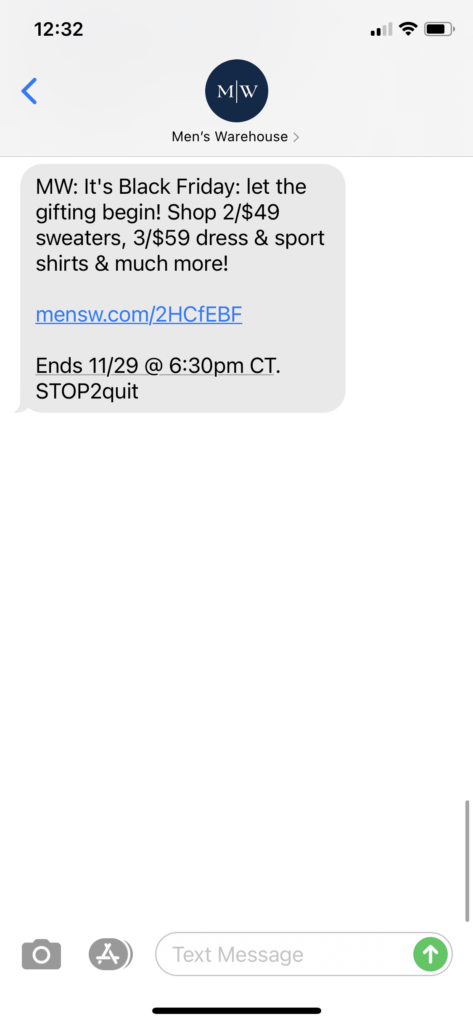 Men's Warehouse Text Message Marketing Example - 11.27.2020.PNG