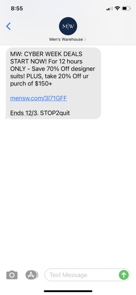 Men's Warehouse Text Message Marketing Example - 11.29.2020.PNG