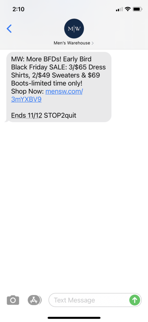 Men's Warehouse Text Message Marketing Example2 - 11.06.2020