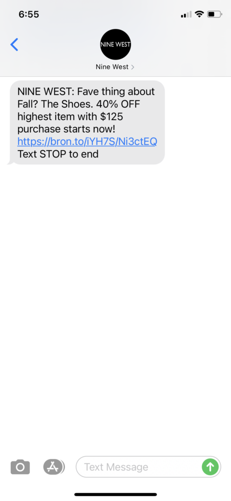 Nine West Text Message Marketing Example - 11.01.2020