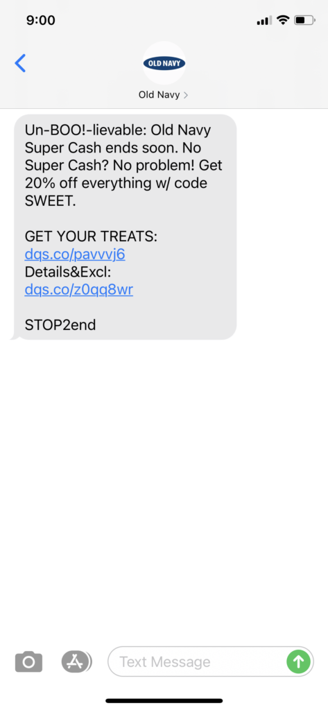 Old Navy Text Message Marketing Example - 10.31.2020