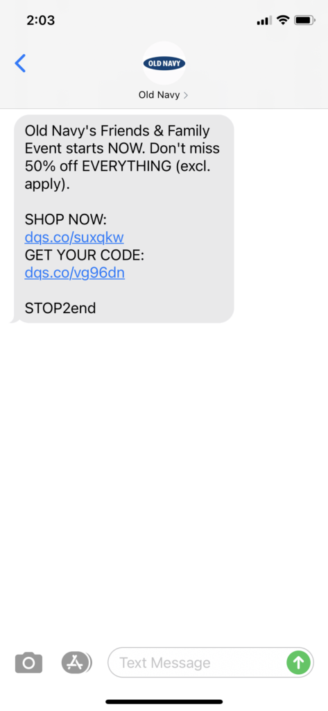 Old Navy Text Message Marketing Example - 11.07.2020