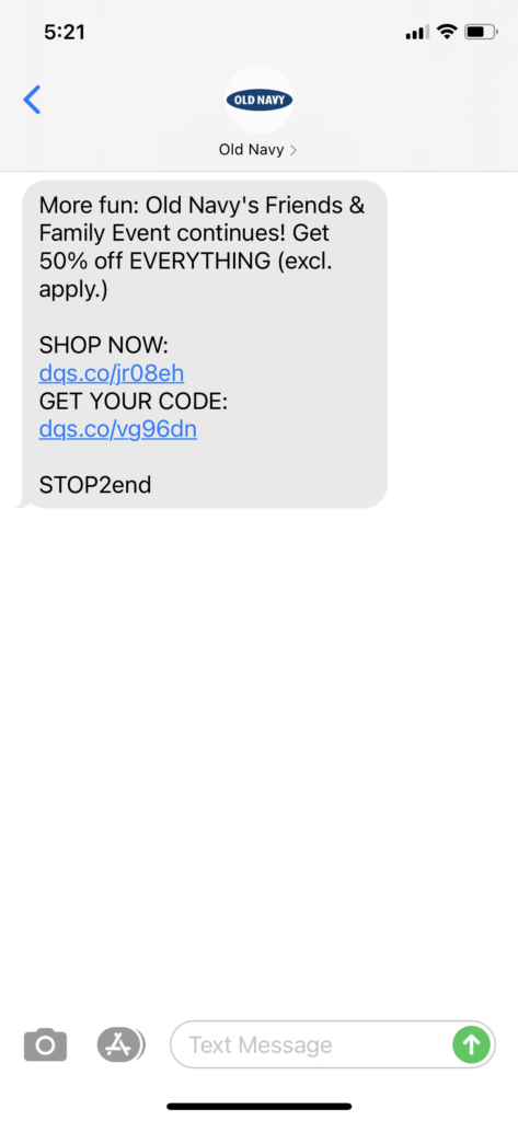 Old Navy Text Message Marketing Example - 11.08.2020