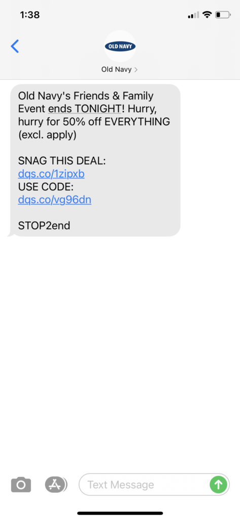 Old Navy Text Message Marketing Example - 11.09.2020