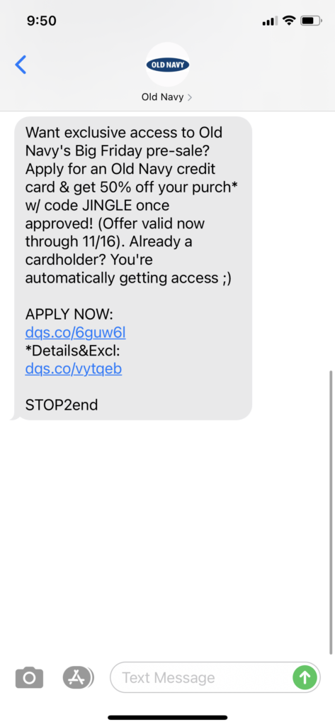 Old Navy Text Message Marketing Example - 11.13.2020