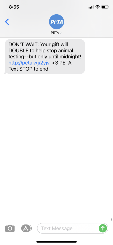 PETA Text Message Marketing Example - 10.31.2020