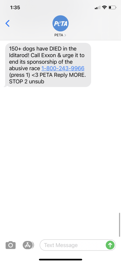 PETA Text Message Marketing Example - 11.09.2020