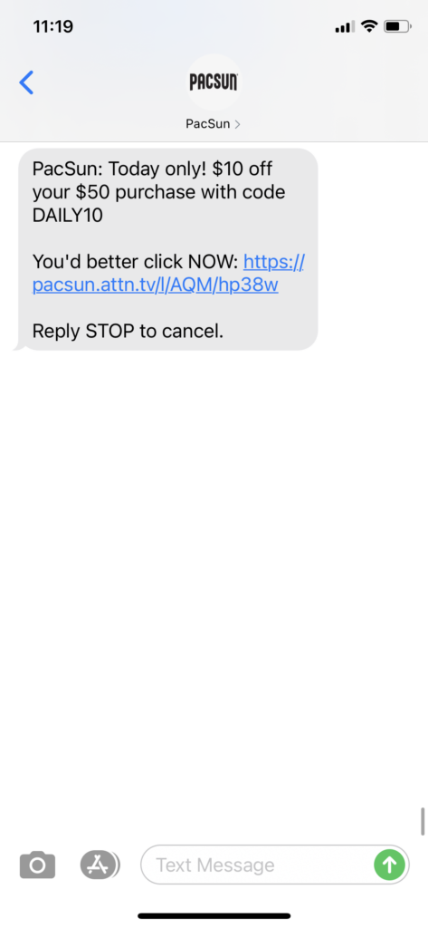 PacSUn Text Message Marketing Example - 11.02.2020