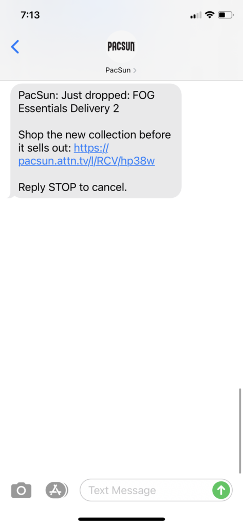 PacSun Text Message Marketing Example - 10.30.2020