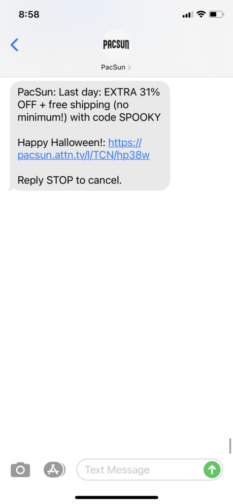 PacSun Text Message Marketing Example - 10.31.2020