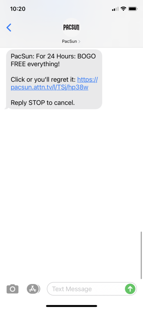 PacSun Text Message Marketing Example - 11.03.2020