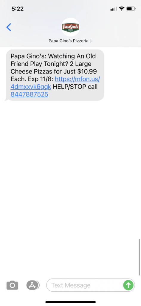 Papa Gino's Pizza Text Message Marketing Example - 11.08.2020