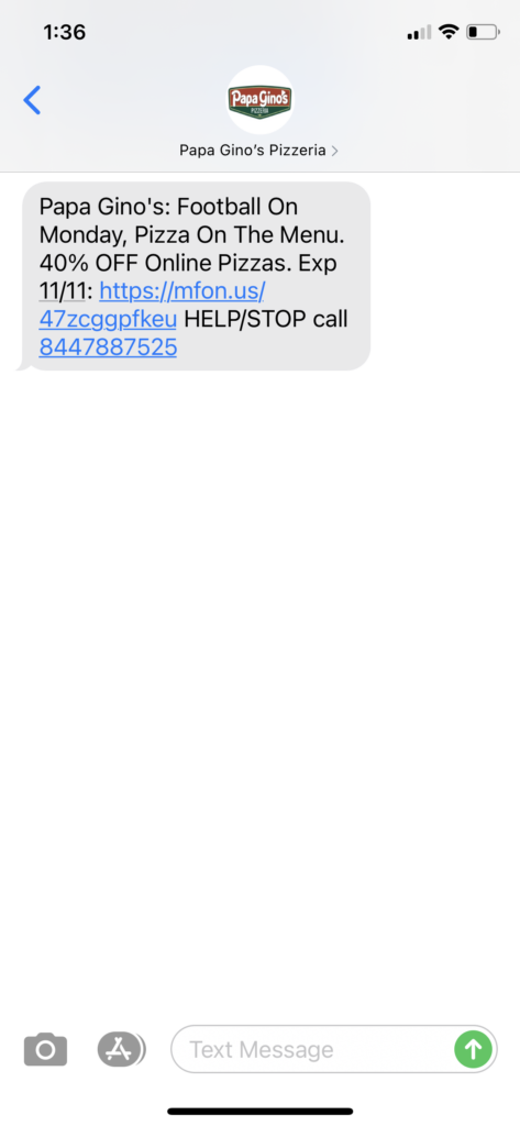 Papa Gino's Pizza Text Message Marketing Example - 11.09.2020