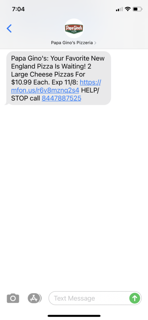 Papa Gino's Text Message Marketing Example - 11.05.2020