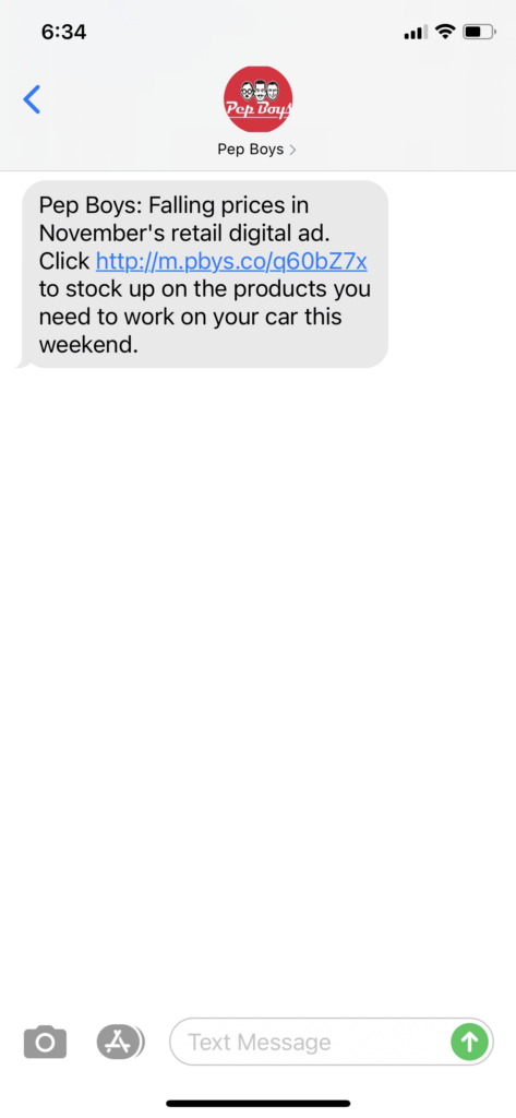 Pep Boys Text Message Marketing Example - 11.06.2020