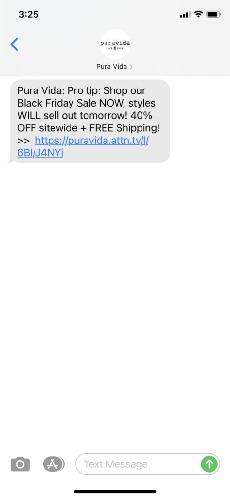 Pura Vida Text Message Marketing Example - 11.26.2020.PNG