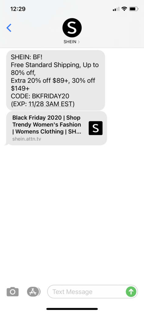 SHEIN Text Message Marketing Example - 11.27.2020