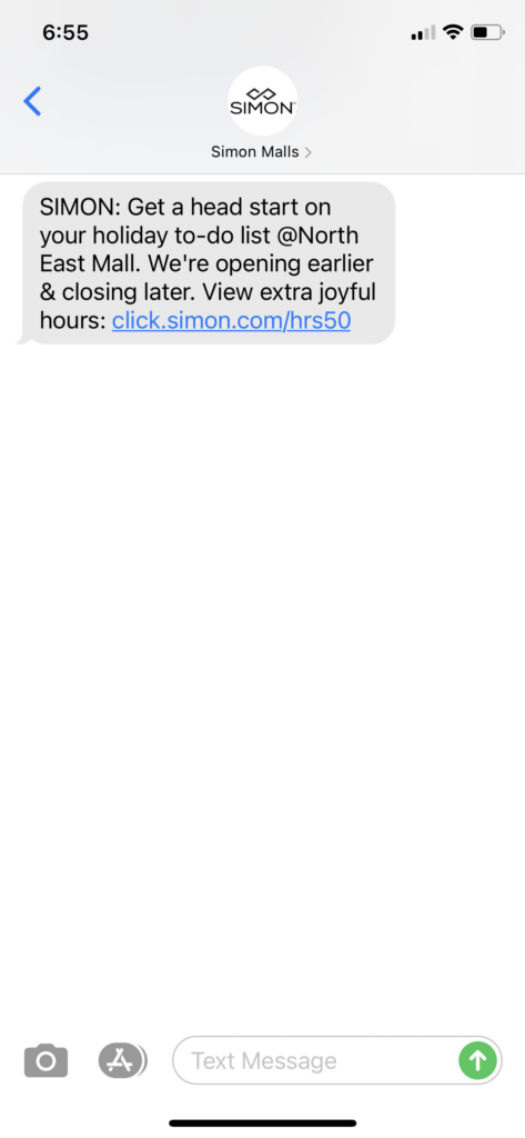 Simon Malls Text Message Marketing Example - 11.01.2020