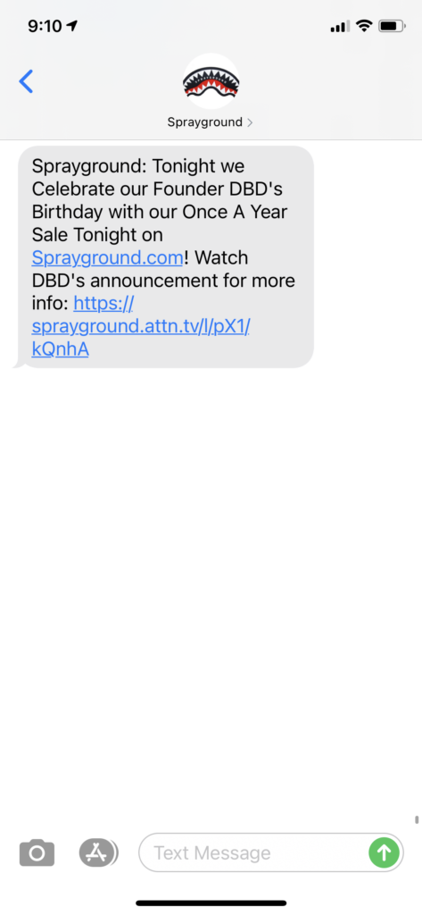 Sprayground Text Message Marketing Example - 11.16.2020