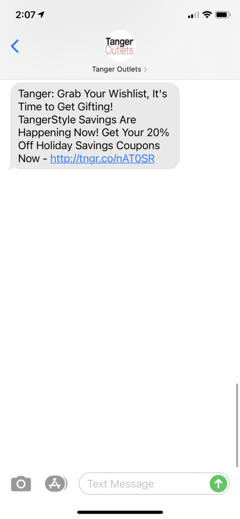 Tanger Outlets Text Message Marketing Example - 11.06.2020